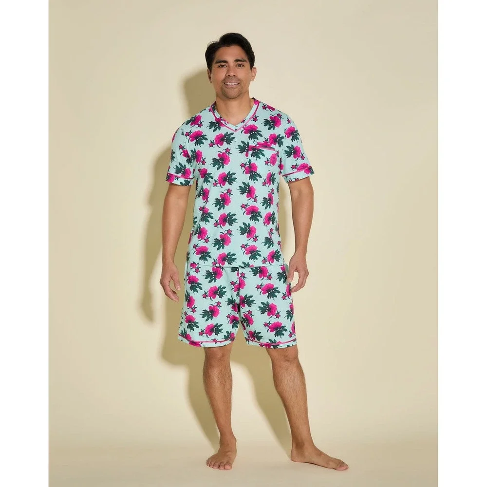 Cosabella Men's Pima Cotton Modal‎ Printed Pajama Set V-Neck Short Sleeve,Shorts